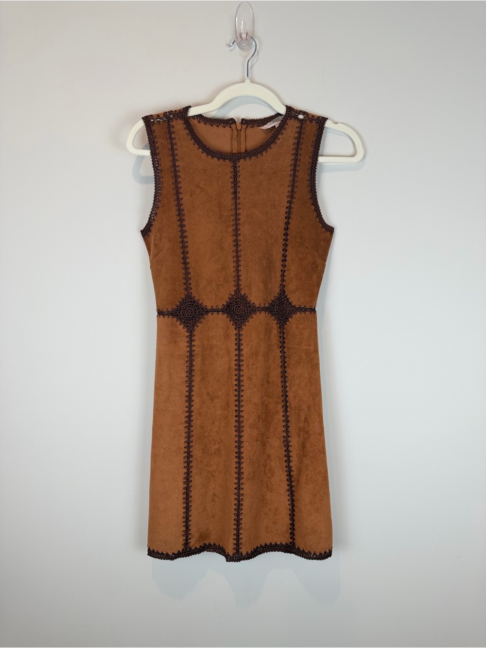 Forever 21 Camel Brown Sleeveless Suede-& Crocheted Inspired Midi Dress Small